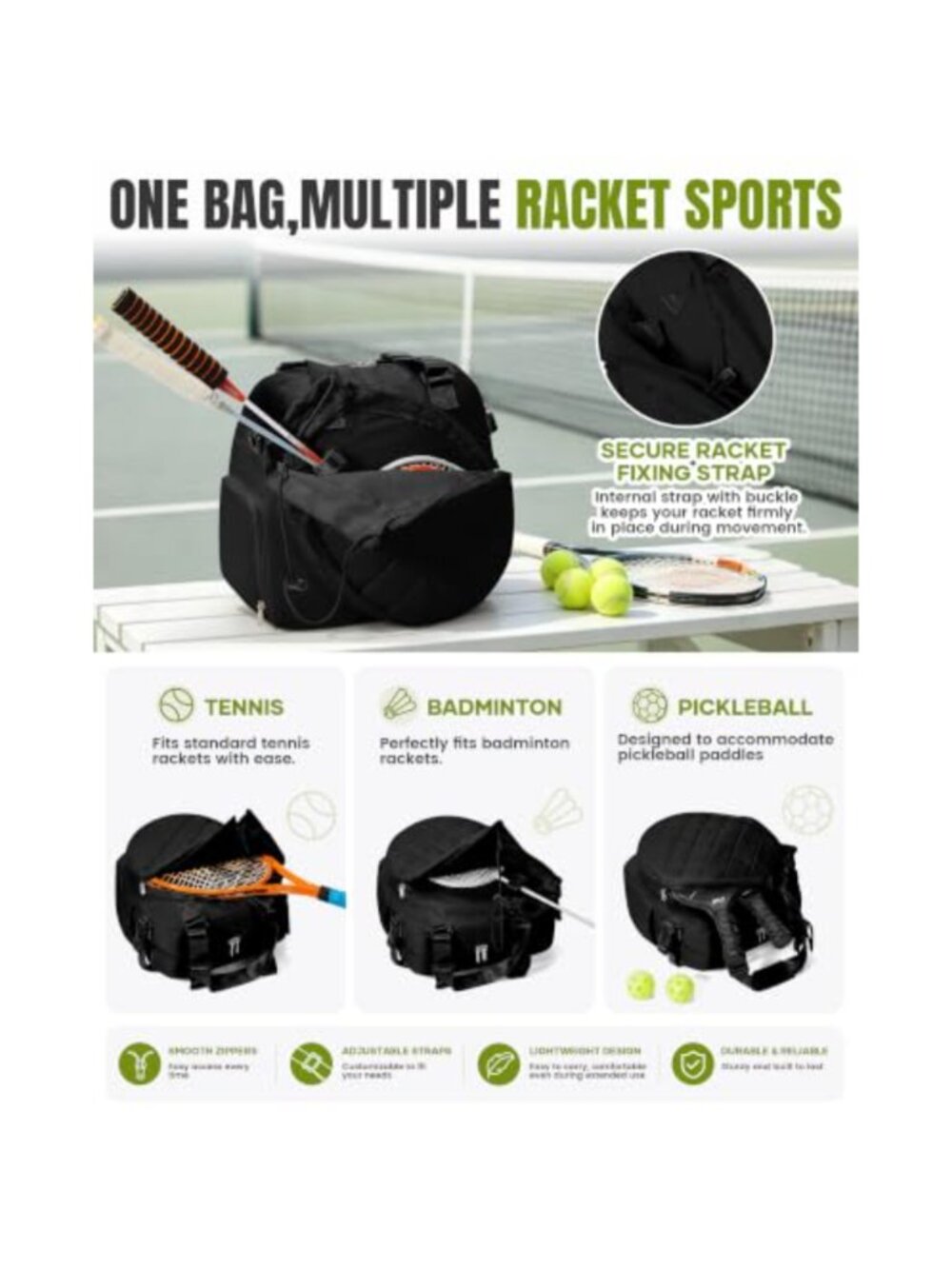 Tennis Backpack with Shoe Compartment & Racket Sleeves - Picture 5 of 5